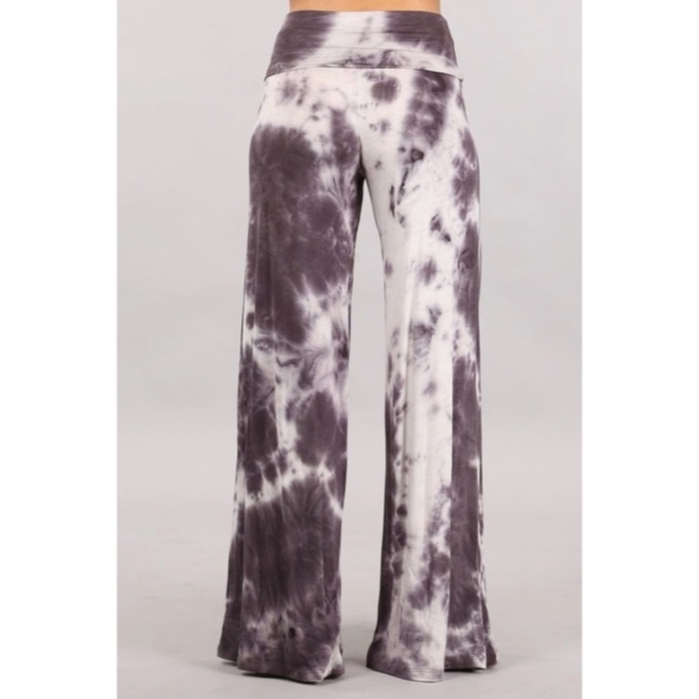 SOLD OUT Taupe Gray Boho Tie Dye Foldover High Waist Wide Leg Palazzo Lounge - Picture 3 of 3